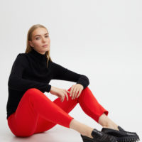 ByDanta Red Crop Pant sitting