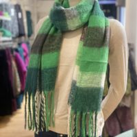 Style with green tripe scarf and Stretch denim Pants