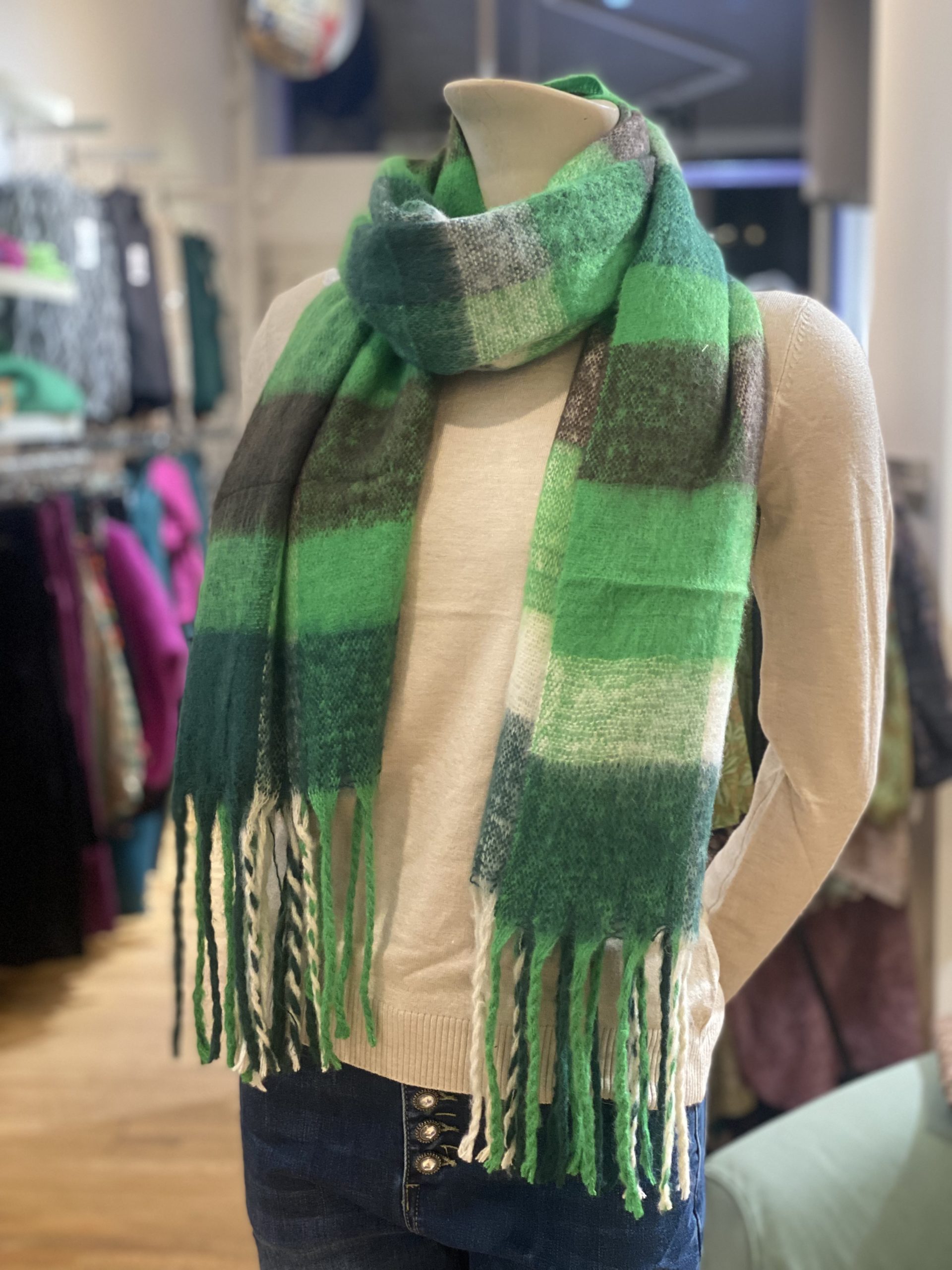 Style with green tripe scarf and Stretch denim Pants