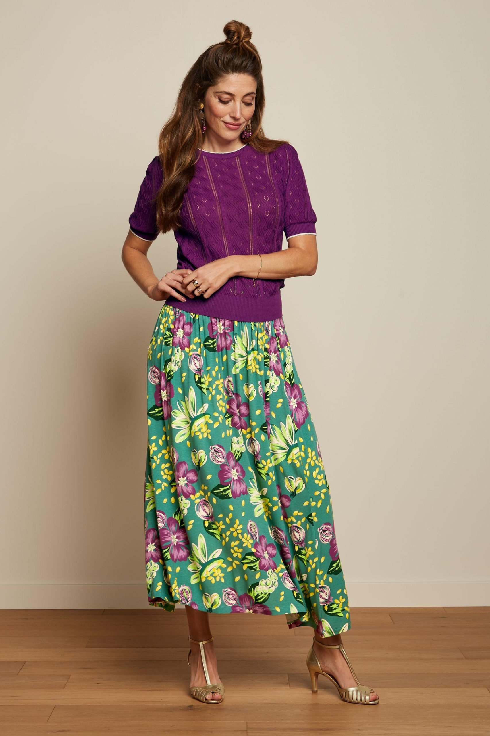 Agnes Puff Top Herrero purple with green floral skirt