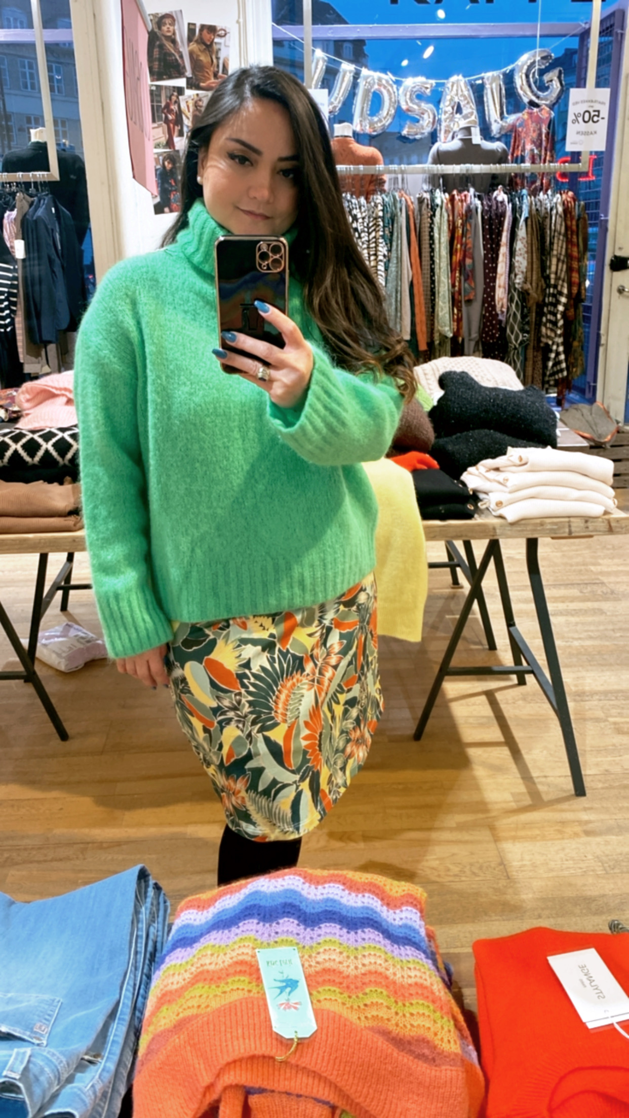 Green Rollneck Knit with floral skirt
