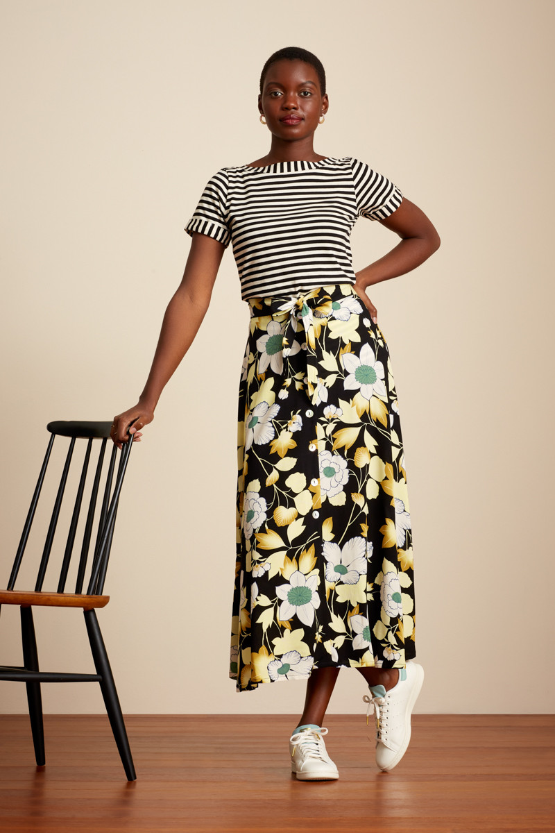 Boat Neck Stripe Chopito with floral pattern skirt