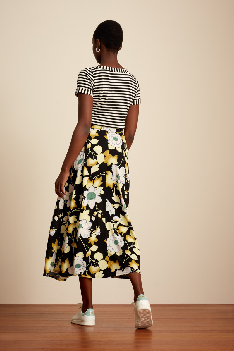 Boat Neck Stripe Chopito with floral pattern skirt back