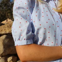 Flora Blue Stripe Red Heart Blouse closeup